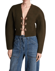 Model wearing Cult Gaia Mayalu Chain Sweater in rosemary green cardigan front view