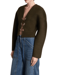 Side view of Cult Gaia Mayalu wool blend cardigan with chain clasps