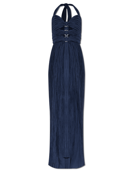 Cult Gaia Nailah Plissé Gown in Deep Lake with halter neckline and cutouts