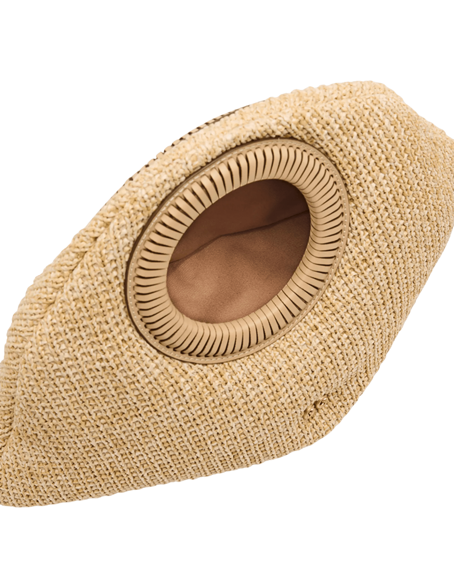Designer woven straw handbag with gold-tone hardware and sculptural handle inner