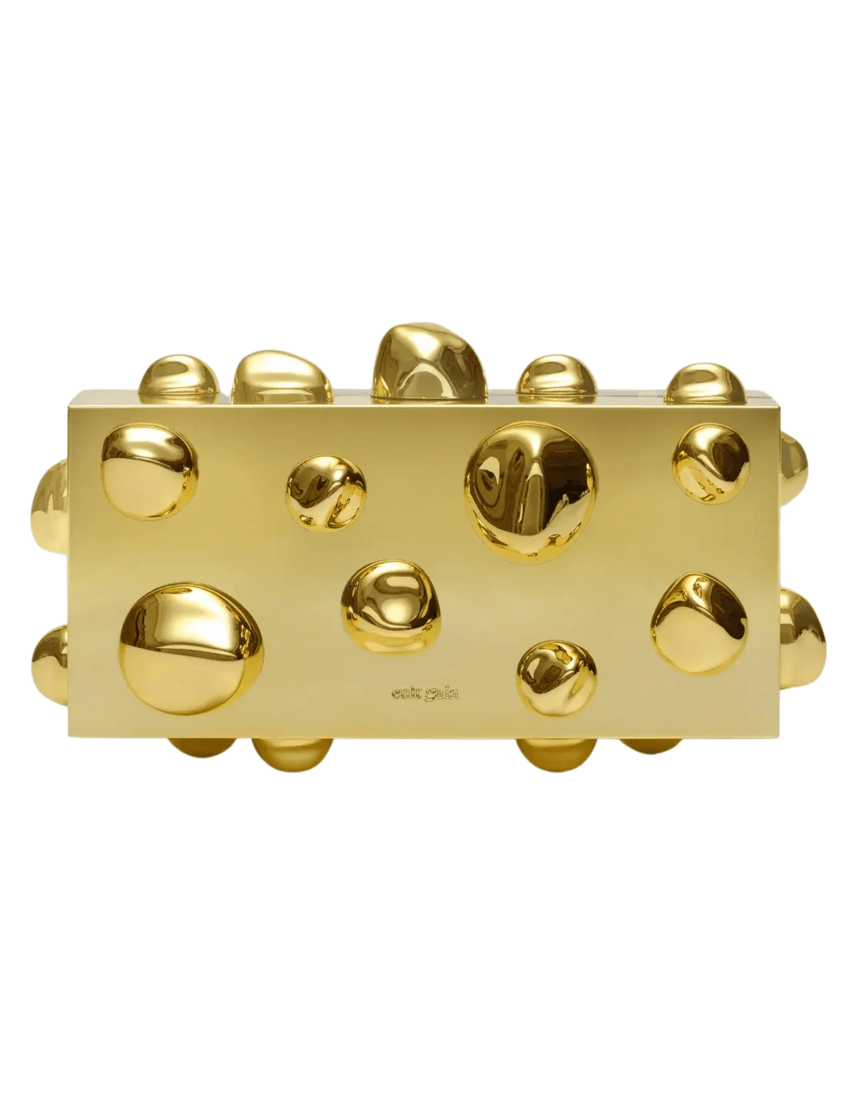 Cult Gaia Orbs Clutch in shiny gold metallic finish with sculptural orb design