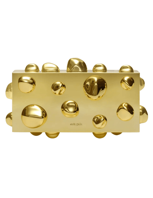 Cult Gaia Orbs Clutch in shiny gold metallic finish with sculptural orb design