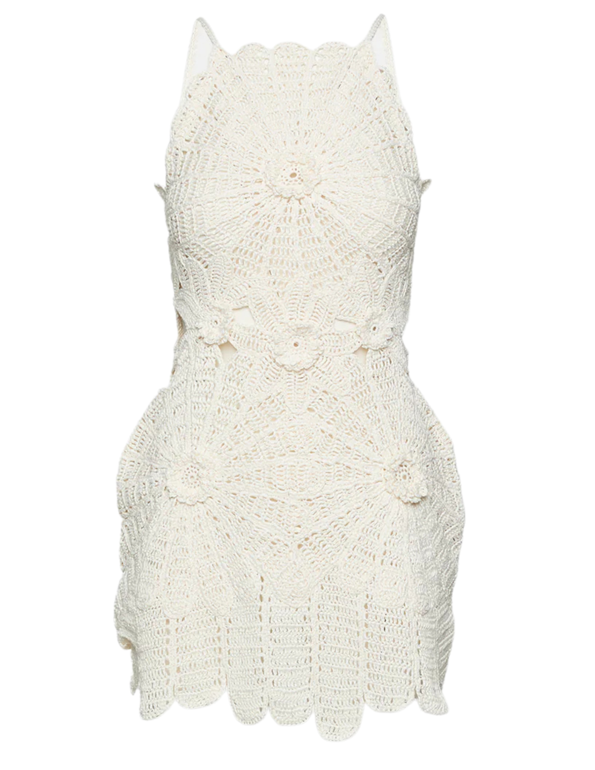 Cult Gaia Samelia Crochet Mini Dress in Off White featuring hand-crocheted raffia, floral motifs, a high neckline, and a sleeveless mini silhouette