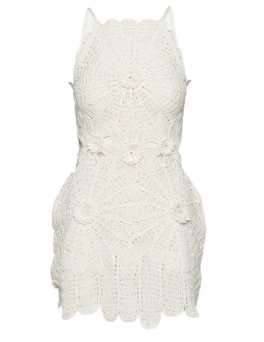 Cult Gaia Samelia Crochet Mini Dress in Off White featuring hand-crocheted raffia, floral motifs, a high neckline, and a sleeveless mini silhouette