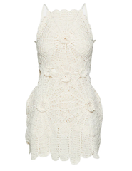 Cult Gaia Samelia Crochet Mini Dress in Off White featuring hand-crocheted raffia, floral motifs, a high neckline, and a sleeveless mini silhouette