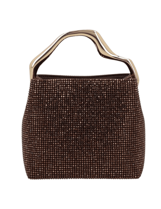 Cult Gaia Solene Mini Rhinestone Bag in Java with dark brown rhinestones and sculptural gold-tone handle.