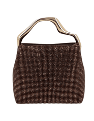 Cult Gaia Solene Mini Rhinestone Bag in Java with dark brown rhinestones and sculptural gold-tone handle.