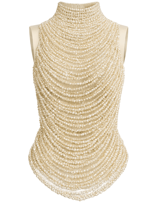 Cult Gaia Taraji Hand Beaded Sleeveless Top in Pearl with layered faux pearls