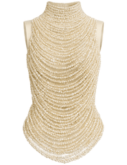 Cult Gaia Taraji Hand Beaded Sleeveless Top in Pearl with layered faux pearls