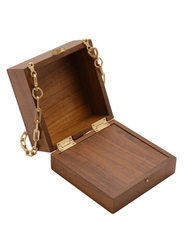 Open view of Cult Gaia clutch showing interior and game pieces