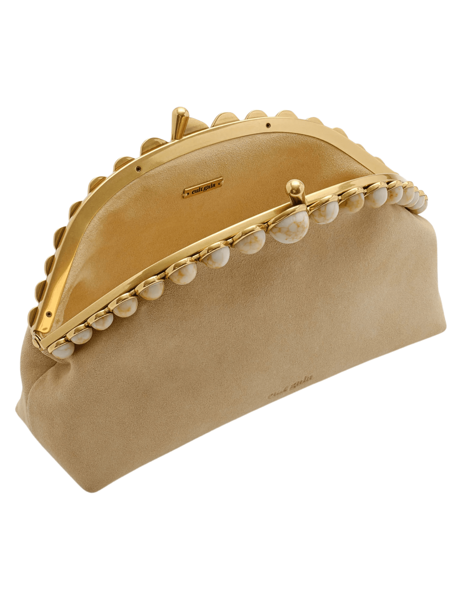 Cult Gaia Una clutch in sand suede with gold bead detail open view