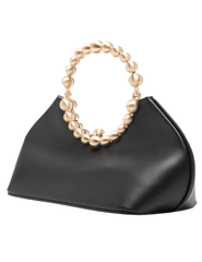 Structured black top handle purse with gold beaded ring handle