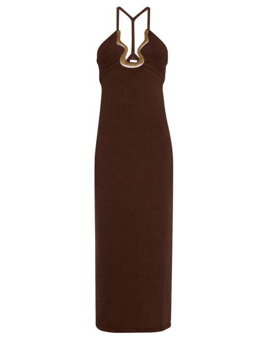 Cult Gaia Valma Knit Midi Dress in Java brown with plunge neckline and gold hardware