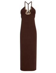 Cult Gaia Valma Knit Midi Dress in Java brown with plunge neckline and gold hardware