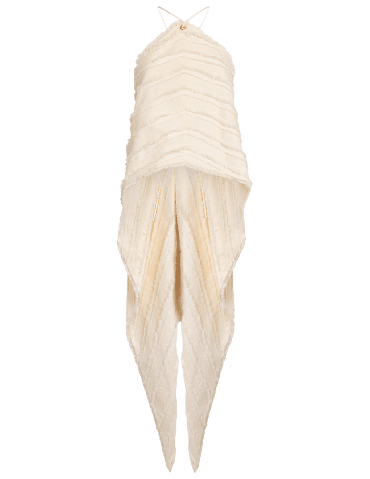 Cult Gaia Venezia Halter Cascade Top in Off White featuring fringe detailing and a dramatic cascading back hem