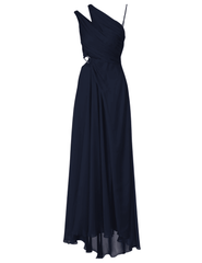 Cult Gaia Zan One Shoulder Gown in deep lake silk with cutouts and slit