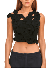 Designer black crochet crop top with sleeveless silhouette and appliqué design