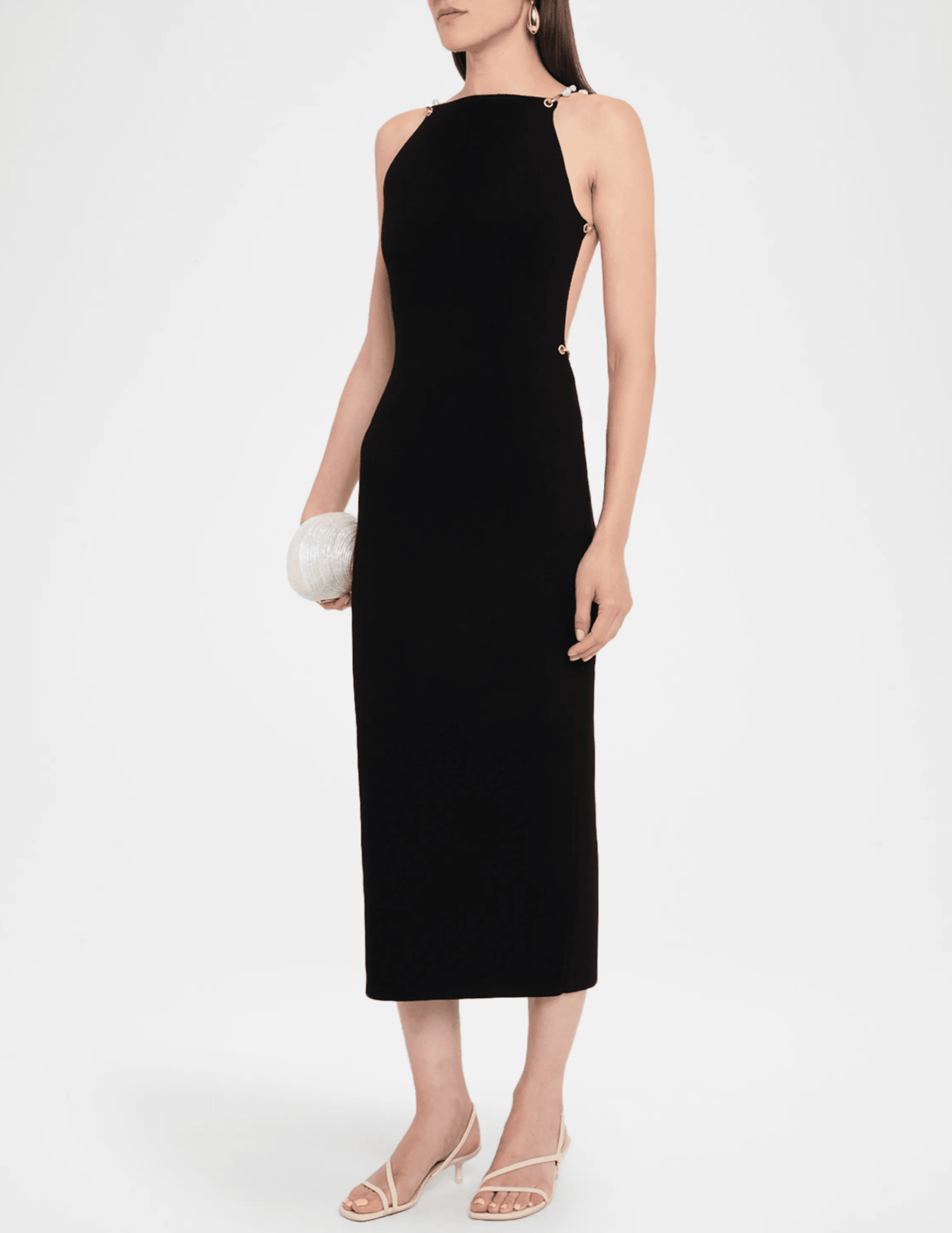Designer black sheath midi dress with gold-tone accents and pearl details