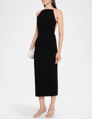 Designer black sheath midi dress with gold-tone accents and pearl details