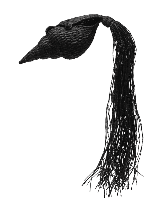 Designer black shell-shaped clutch with rattan exterior and tassels