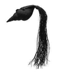 Designer black shell-shaped clutch with rattan exterior and tassels