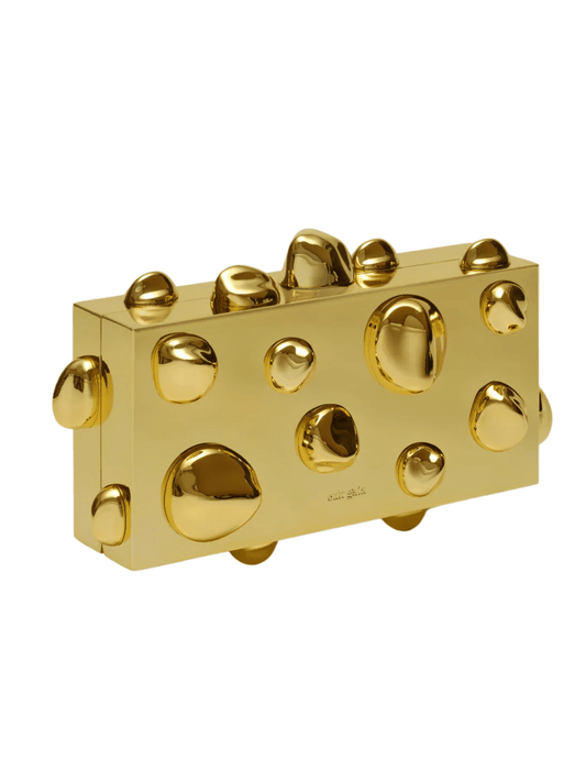 Designer gold metallic sculptural clutch evening bag by Cult Gaia