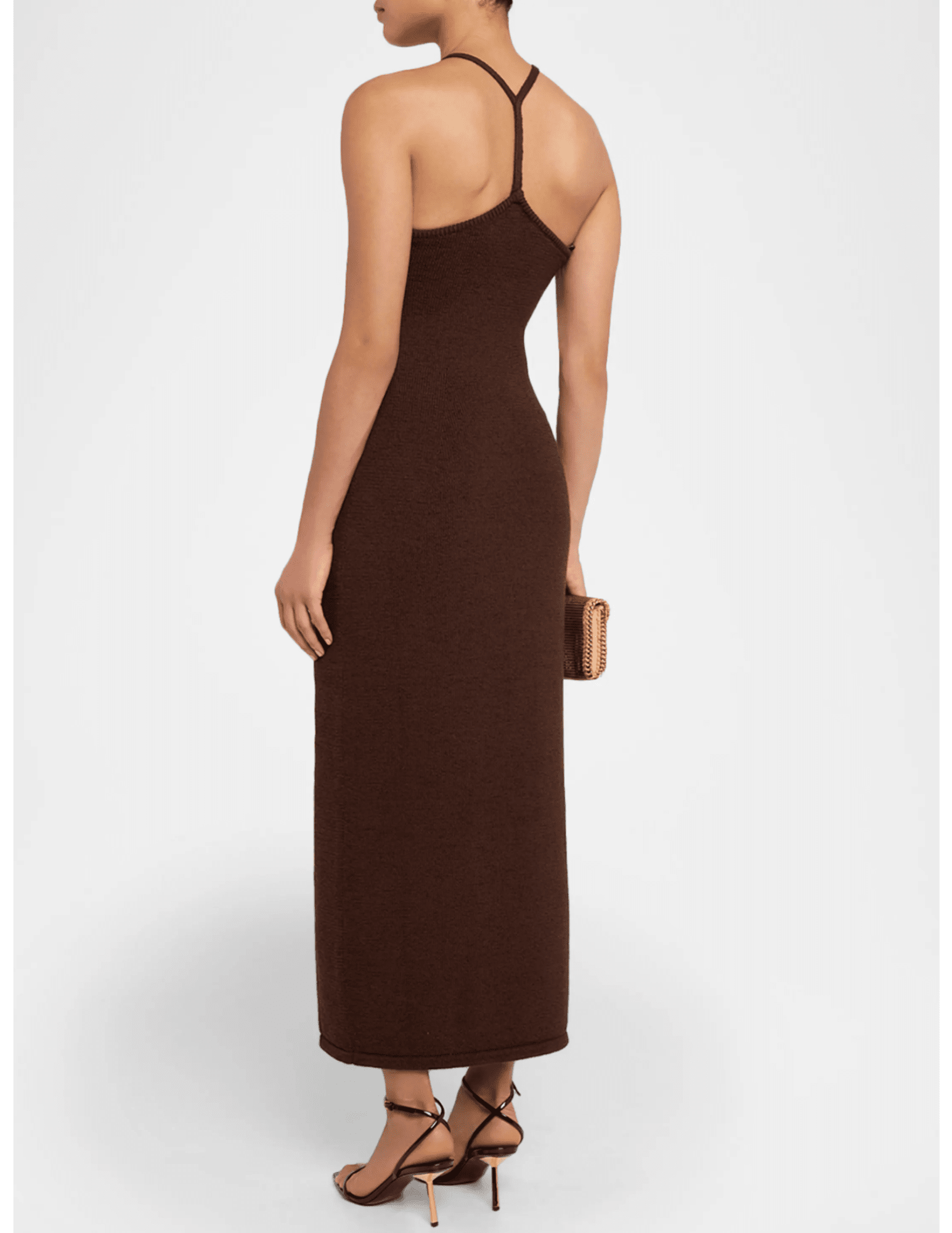 Designer knit midi dress with gold-tone accent and slim sheath fit