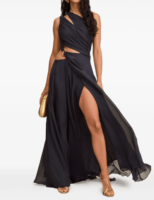 Designer one shoulder maxi dress with thigh-high slit and gold hardware