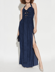 Designer plissé maxi dress in Deep Lake with gold-tone ring details