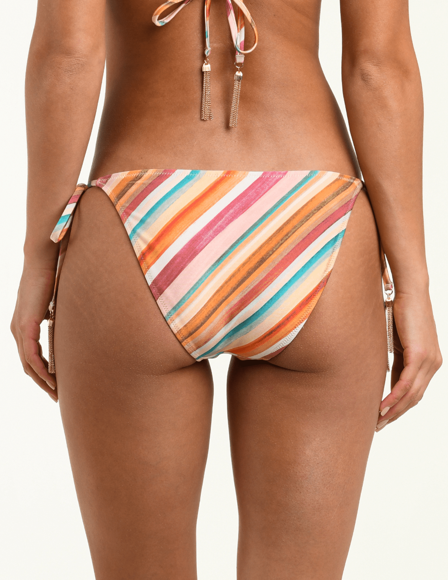 Front view of L’AGENCE Britt tie-side bikini bottom in multi watercolor stripe