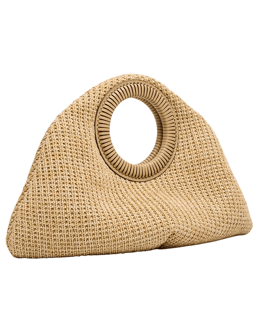 Designer woven straw handbag with gold-tone hardware and sculptural handle