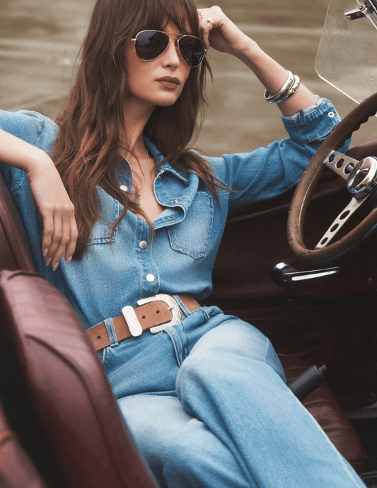 L'AGENCE Isla long sleeve denim shirt in Anaheim indigo wash editorial