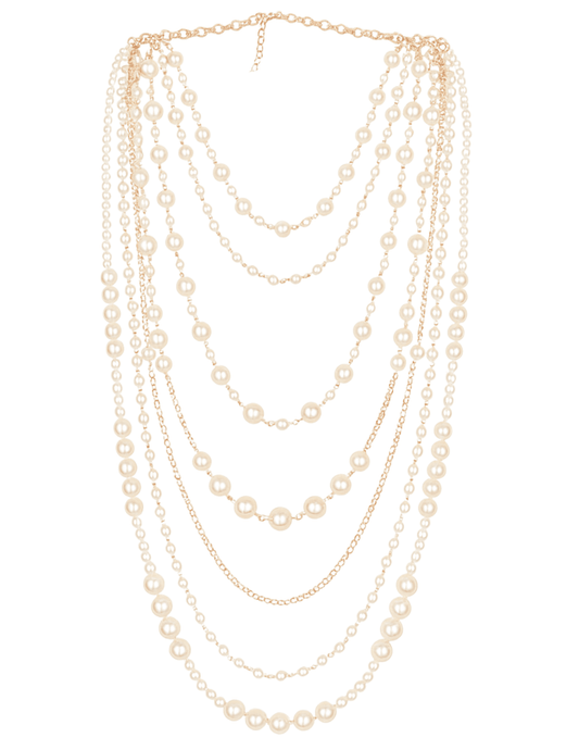 Front view of Fleur de Camélia Ava layered pearl cascade necklace in ivory gold