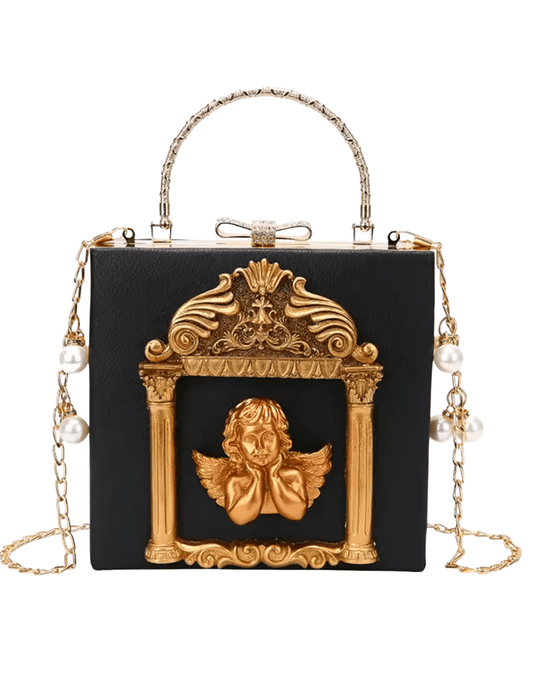 Front view of Fleur de Camélia Evangeline Box Handle Bag with gold cherub detail