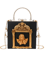 Front view of Fleur de Camélia Evangeline Box Handle Bag with gold cherub detail