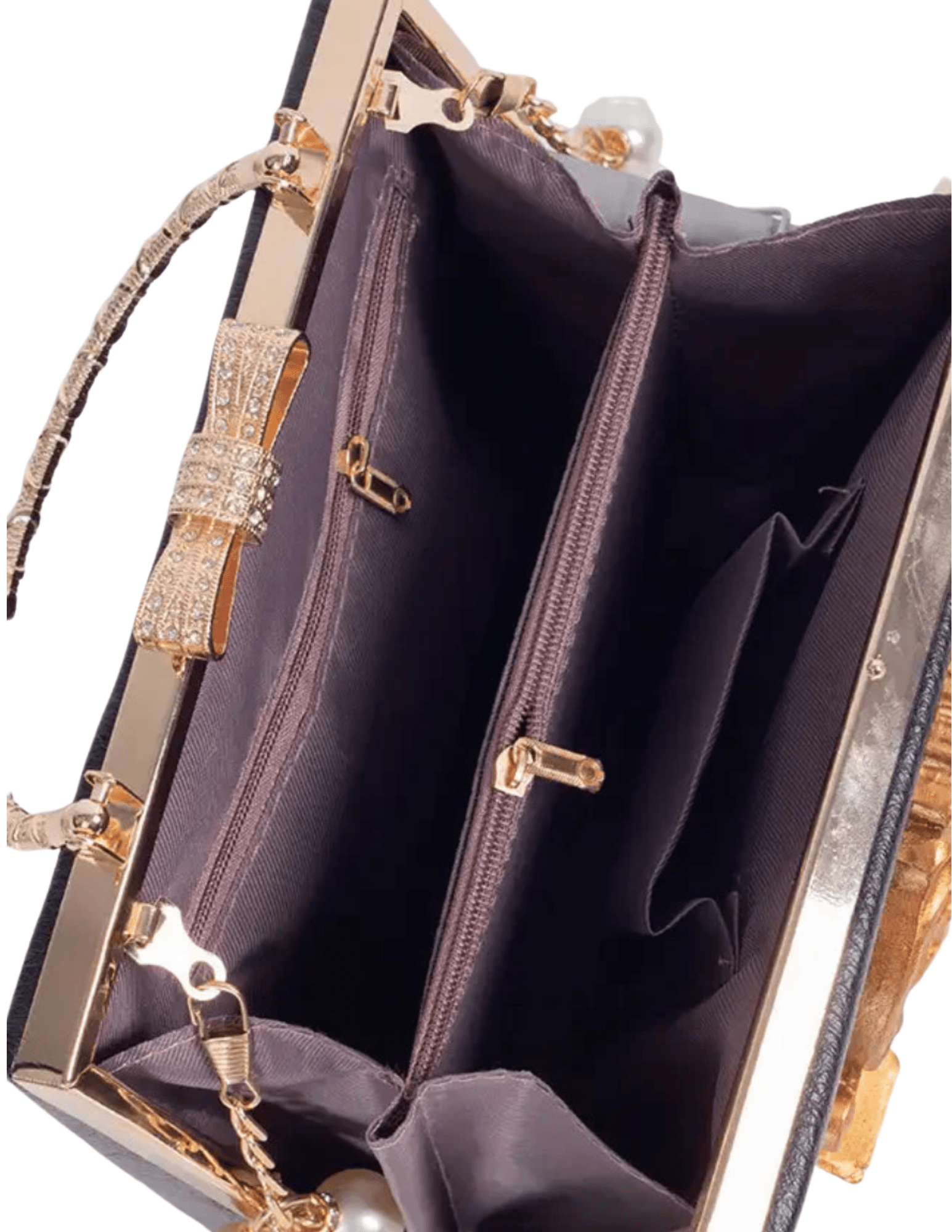 Interior compartments of Fleur de Camélia Evangeline Box Handle Bag in black leather