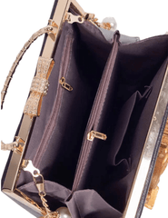 Interior compartments of Fleur de Camélia Evangeline Box Handle Bag in black leather