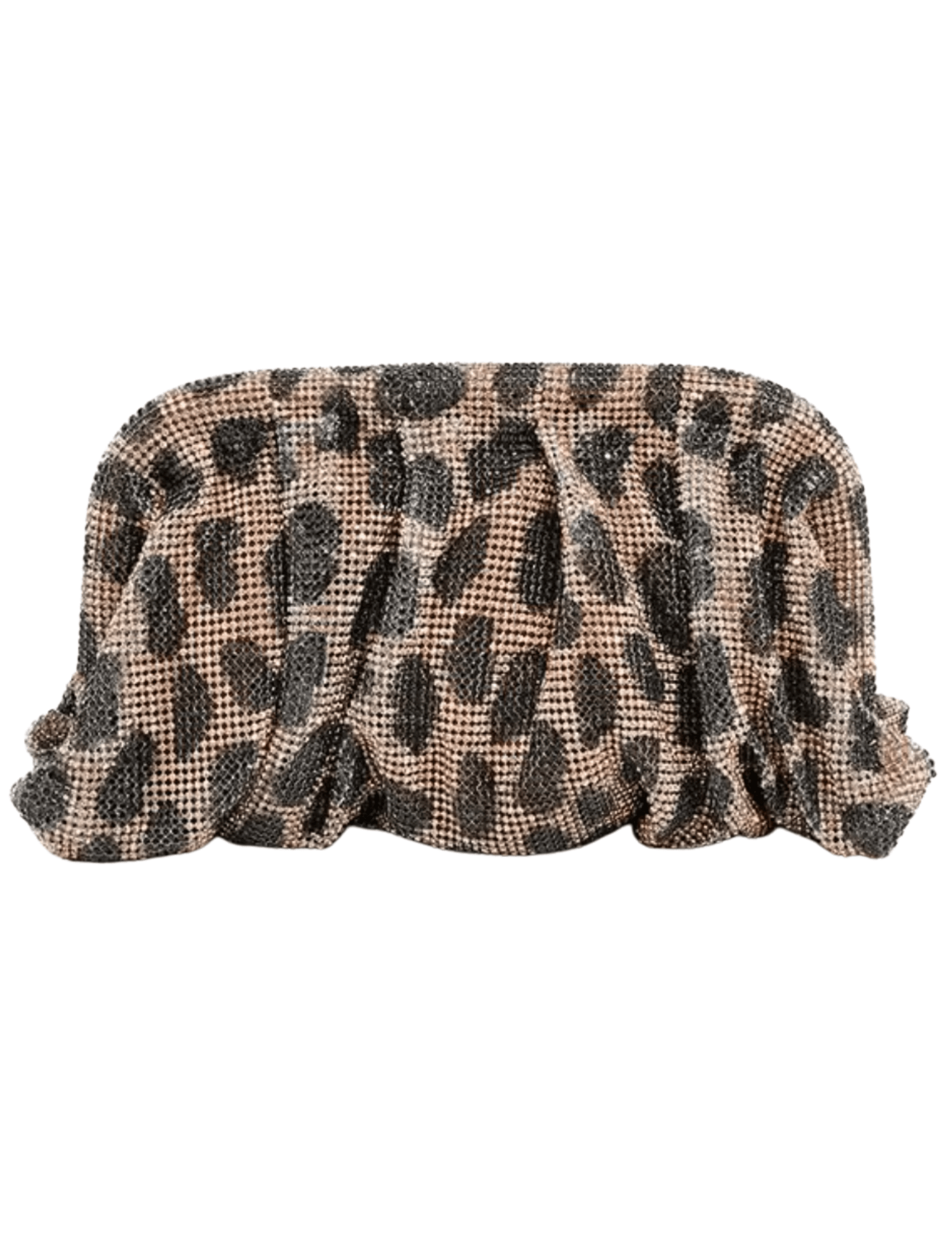 Front view of Fleur de Camélia Zoey rhinestone leopard pouch clutch