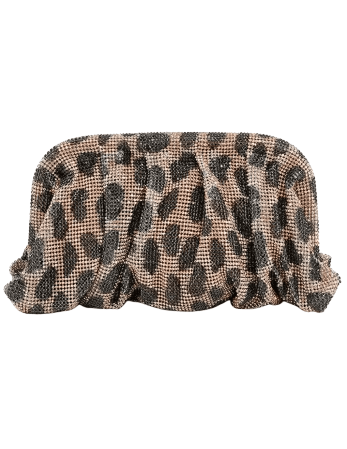 Front view of Fleur de Camélia Zoey rhinestone leopard pouch clutch