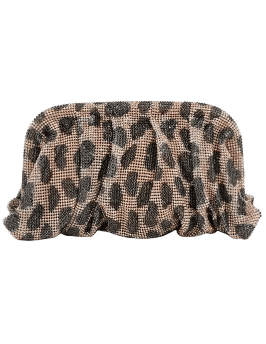 Front view of Fleur de Camélia Zoey rhinestone leopard pouch clutch