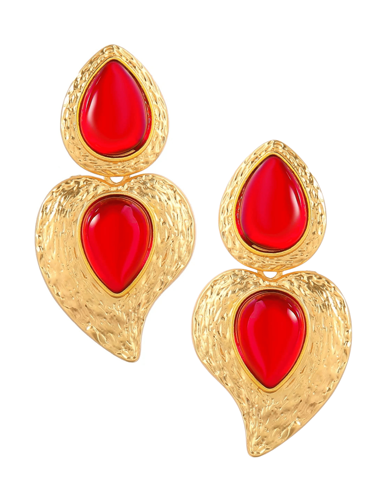 "Fleur de Camélia Amara statement heart earrings in gold with red resin gems"