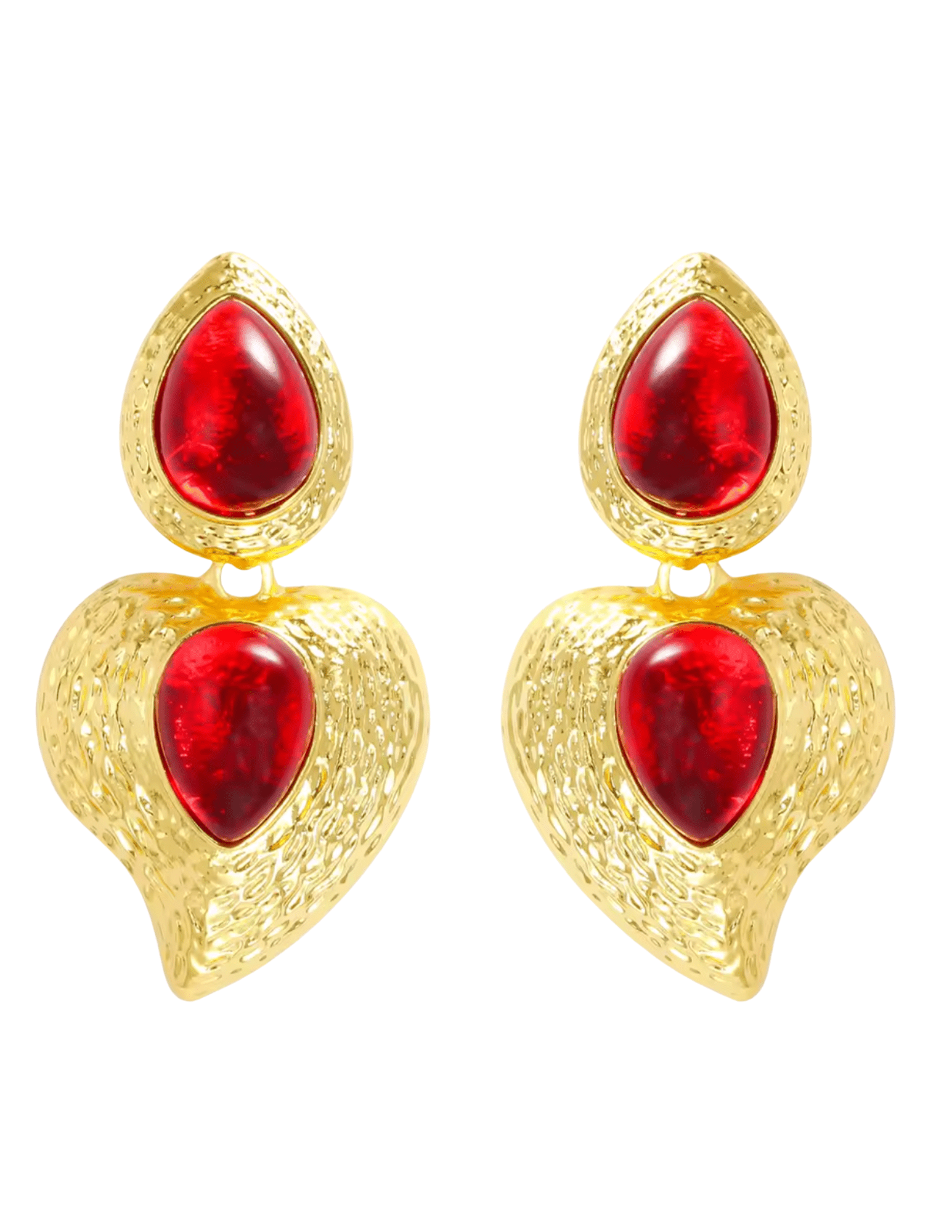Vintage inspired gold red heart-shaped statement drop earrings