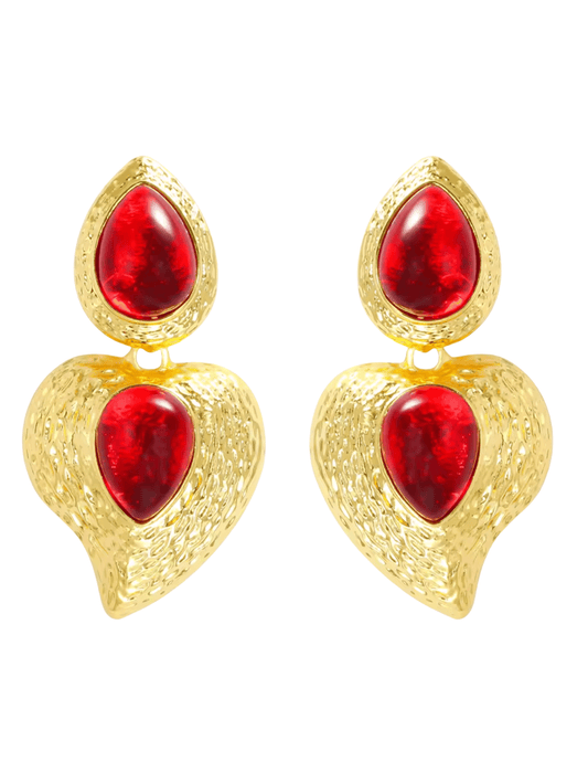 Vintage inspired gold red heart-shaped statement drop earrings