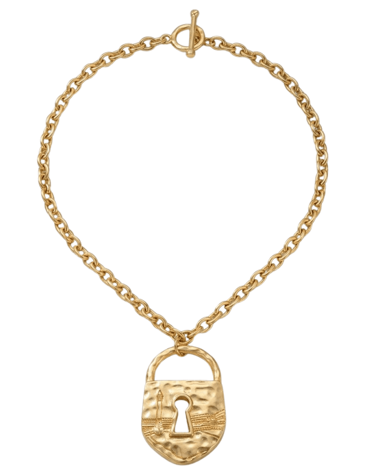 Fleur de Camélia Amelie padlock necklace in gold front view