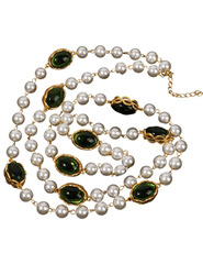 Flat view of Fleur de Camélia Anastasia glass beaded pearl necklace in ivory and green