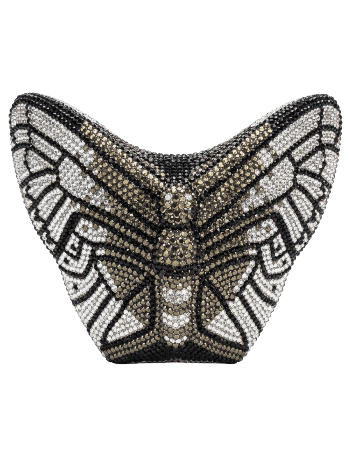 Fleur de Camélia Arabella 3D Butterfly Rhinestone Clutch in black, olive and silver with sparkling crystal embellishments.