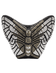 Fleur de Camélia Arabella 3D Butterfly Rhinestone Clutch in black, olive and silver with sparkling crystal embellishments.