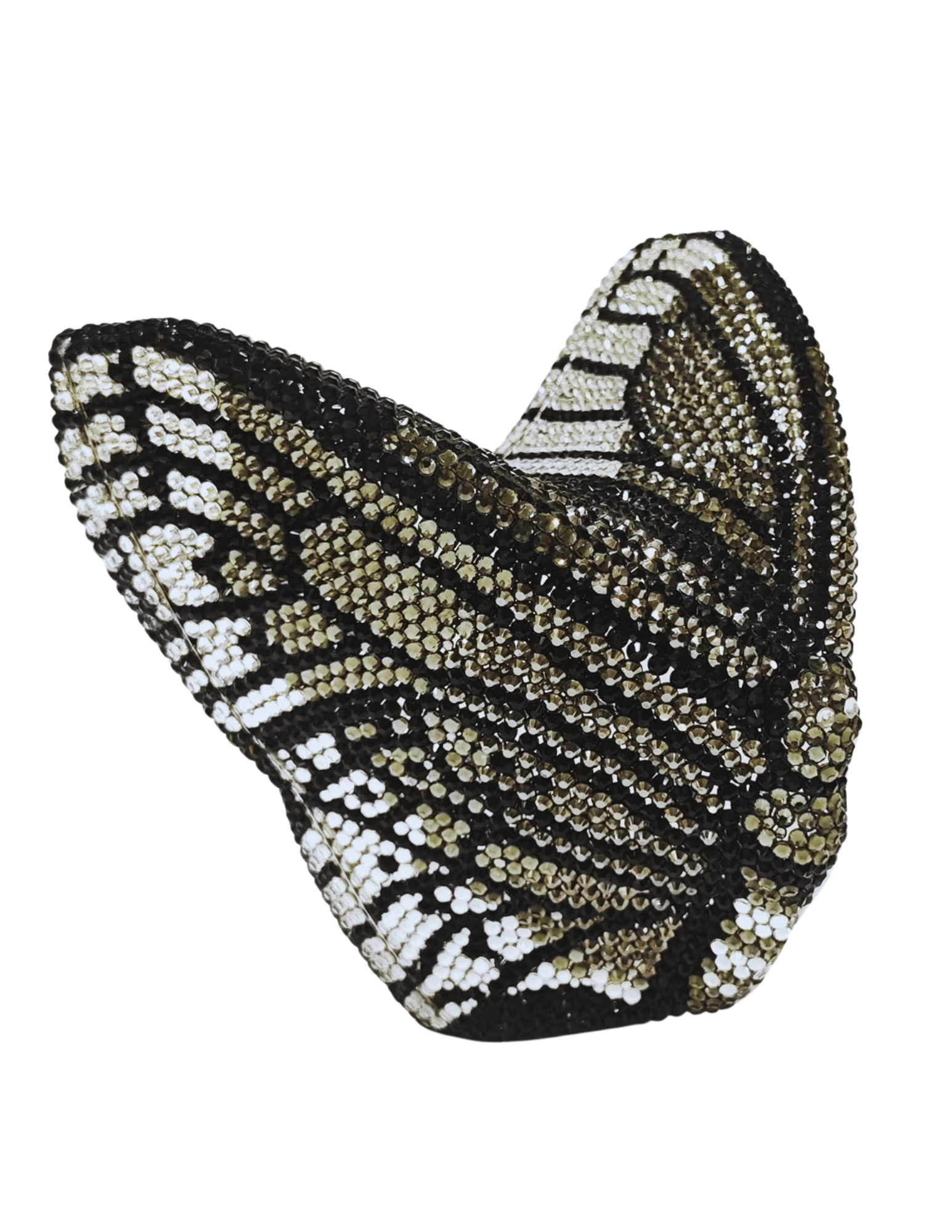 Side view of Fleur de Camélia Arabella 3D Butterfly Rhinestone Clutch in black, olive and silver with sparkling crystal embellishments.