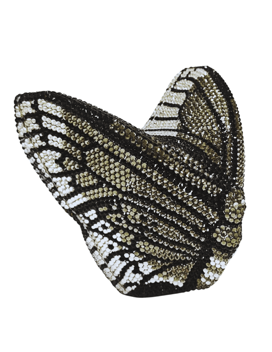 Side view of Fleur de Camélia Arabella 3D Butterfly Rhinestone Clutch in black, olive and silver with sparkling crystal embellishments.