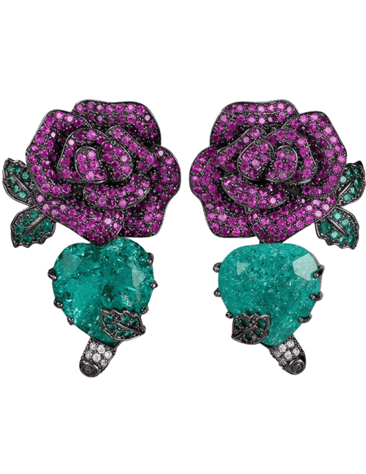 Fleur de Camélia Beeba Statement Earrings in Fuchsia and Turquoise | Designer Floral Earrings